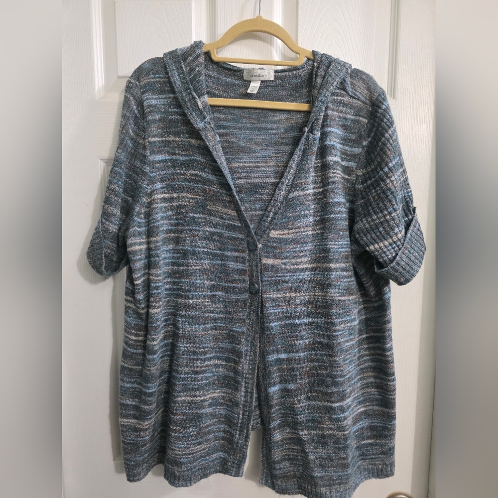 dressbarn Heathered Blue and Gray Hooded Cardigan